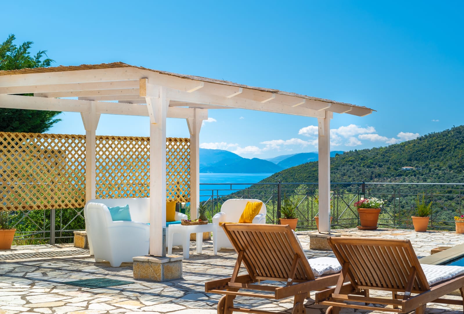 Pergola lounge on the terrace with views over the Ionian